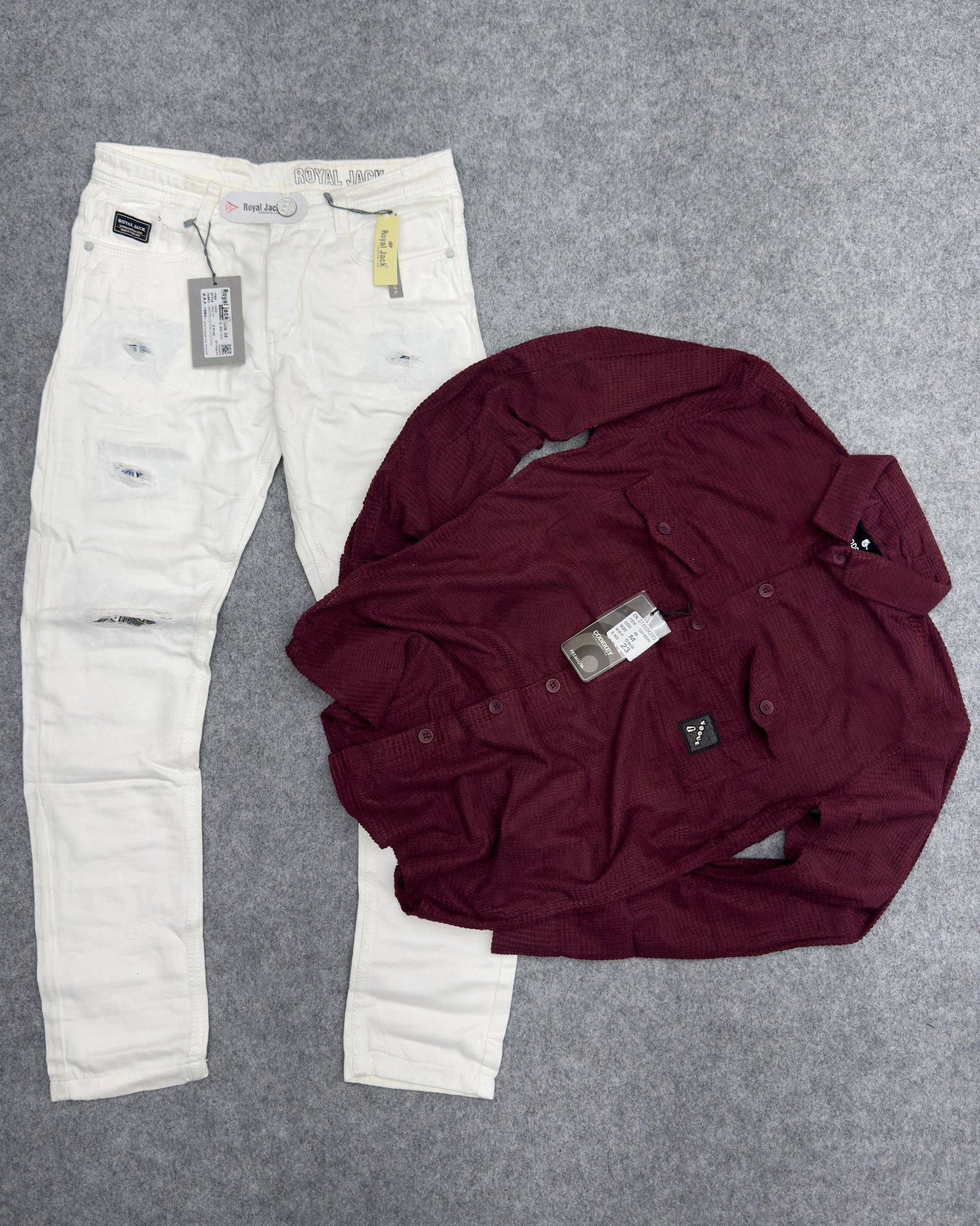 White jean ( torn ) & Courdry Shirt ( Double Pocket )